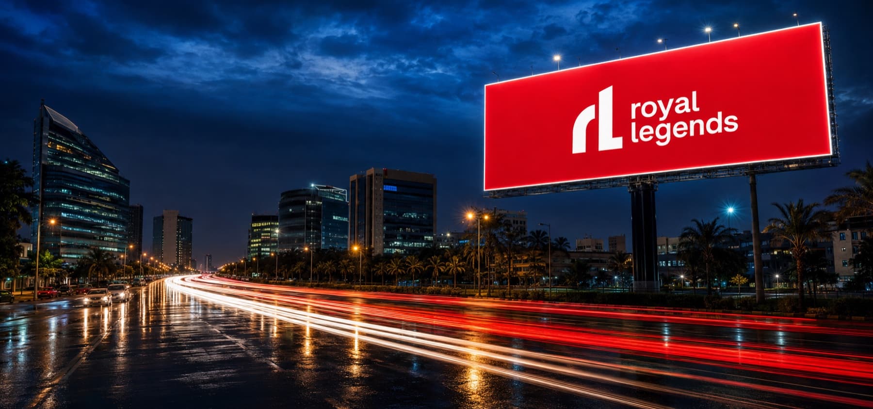 Illuminated Royal Legends billboard above a city arterial road at dusk, red traffic light-trails streaking the carriageway below and a skyline behind