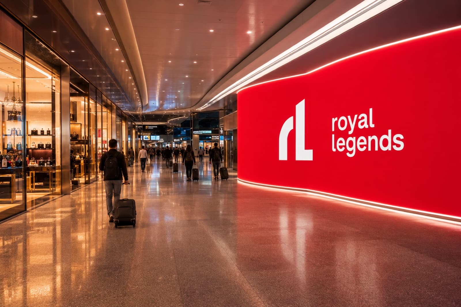 A long backlit red Royal Legends media wall curving along a terminal retail concourse, shopfronts opposite and travellers passing with luggage